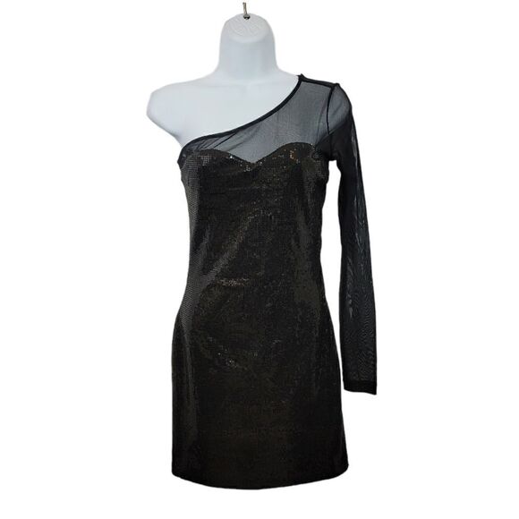 Forever 21 Sheer Mesh One Shoulder Sequin Little Black Dress Size Small - Picture 2 of 8